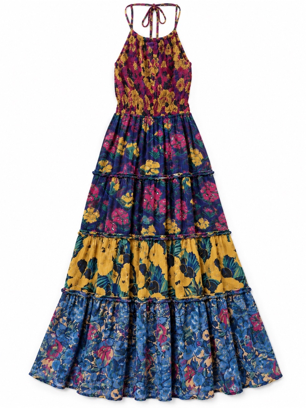 By Anthropologie Tiered Halter Cover-Up Maxi Dress Floral Open Back